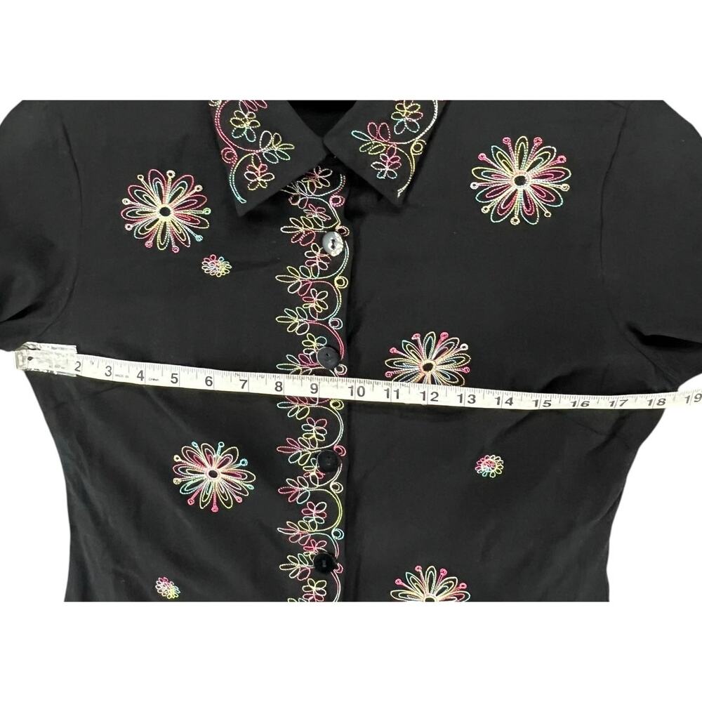 Silkland Y2K Shirt Women S Petite Black Silk Embroider Floral Button Up Boho Art - Picture 5 of 14